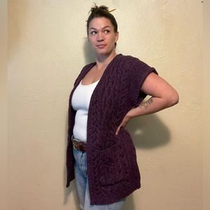 Blarney 100% Merino Wool Open Front Cable Knit Cardigan Sweater Purple Small